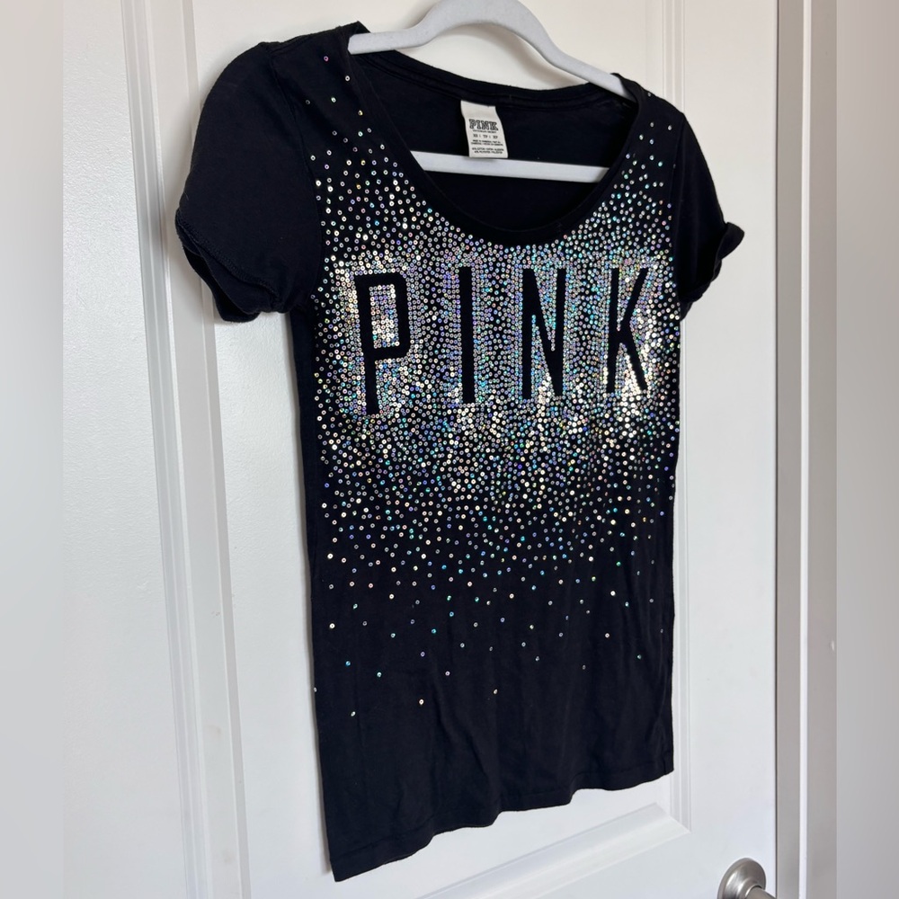 PINK Victoria’s Secret Rhinestone Bling Tee Black Y2K Glam Graphic t shirt XS
